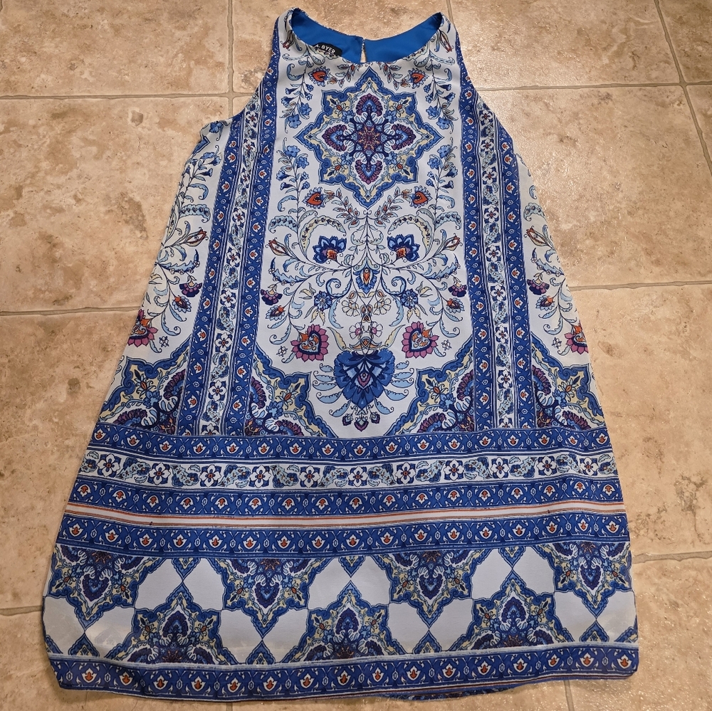 A. BYER Blue Floral Pattern Dress Size Medium Solid Blue Slip Underneath